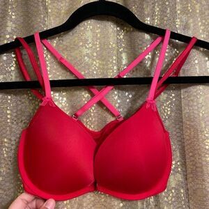 Victorias Secret Red Pink Strappy Dream Angels Padded Demi Bra 32D